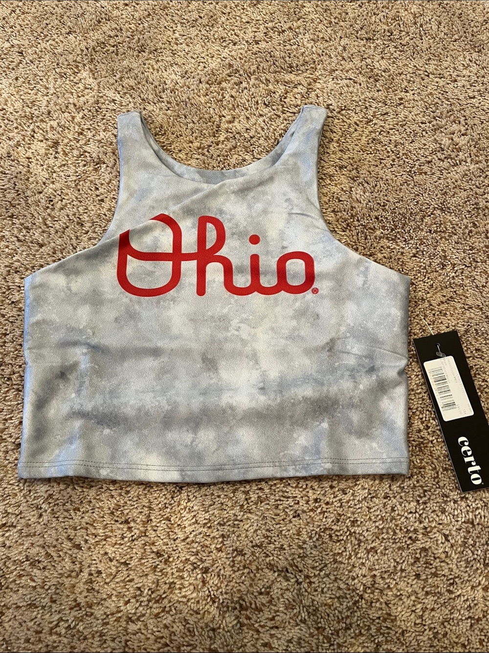 Script Ohio Red Logo Gray Tie-Dye Crop Tank